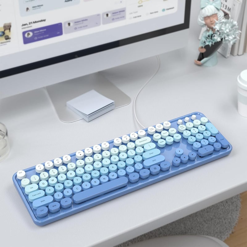Atelus USB Wired Computer Keyboard - Retro Typewriter Style Full Size Office Keyboard with Number Pad, Caps Indicators, Foldable Stands, for PC Laptop Desktop Windows (Blue) - Image 4